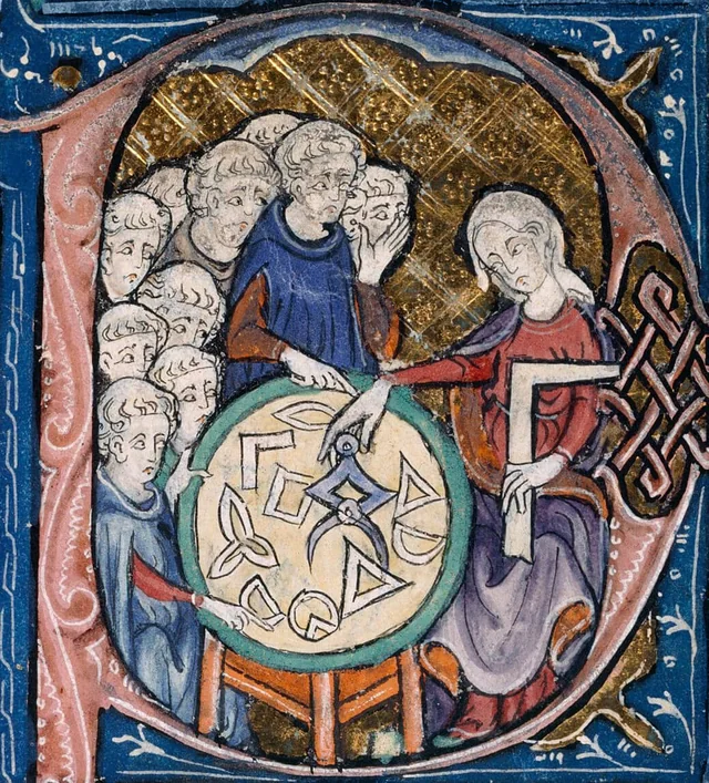 An illuminated initial of a woman teaching a group of students geometry with a square and dividers